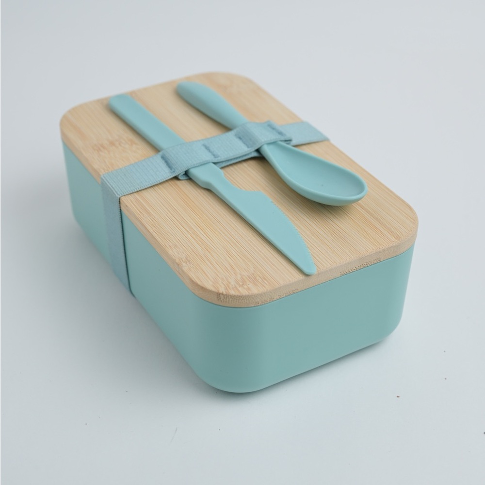 Bamboo and Teal Bento Box with Utensils